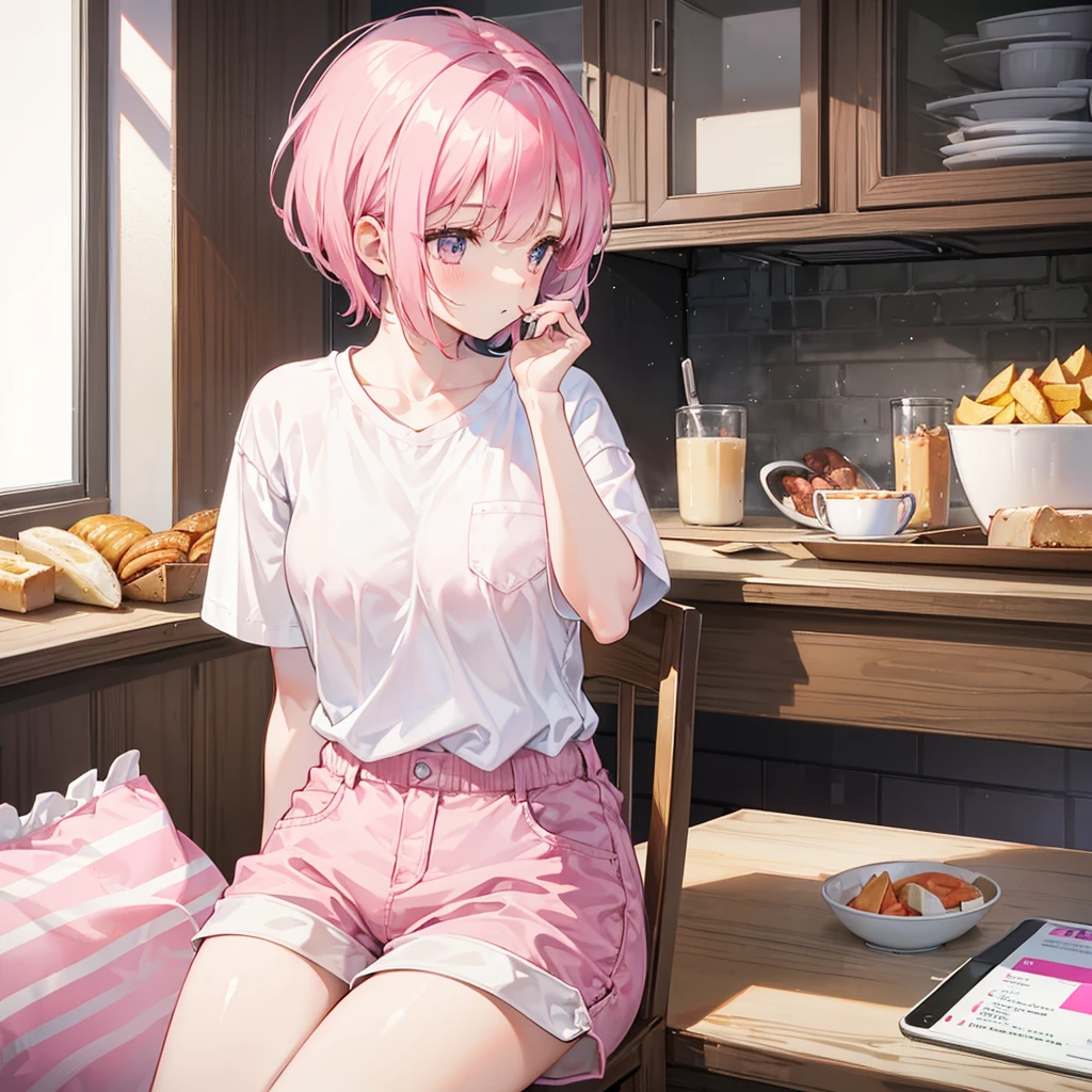 cute girl with short pink hair with bangs, wearing white shirt and pink shorts,looking away,is sitting in a chair facing a table in a kitchen,eating breakfast,using her cell phone,8k