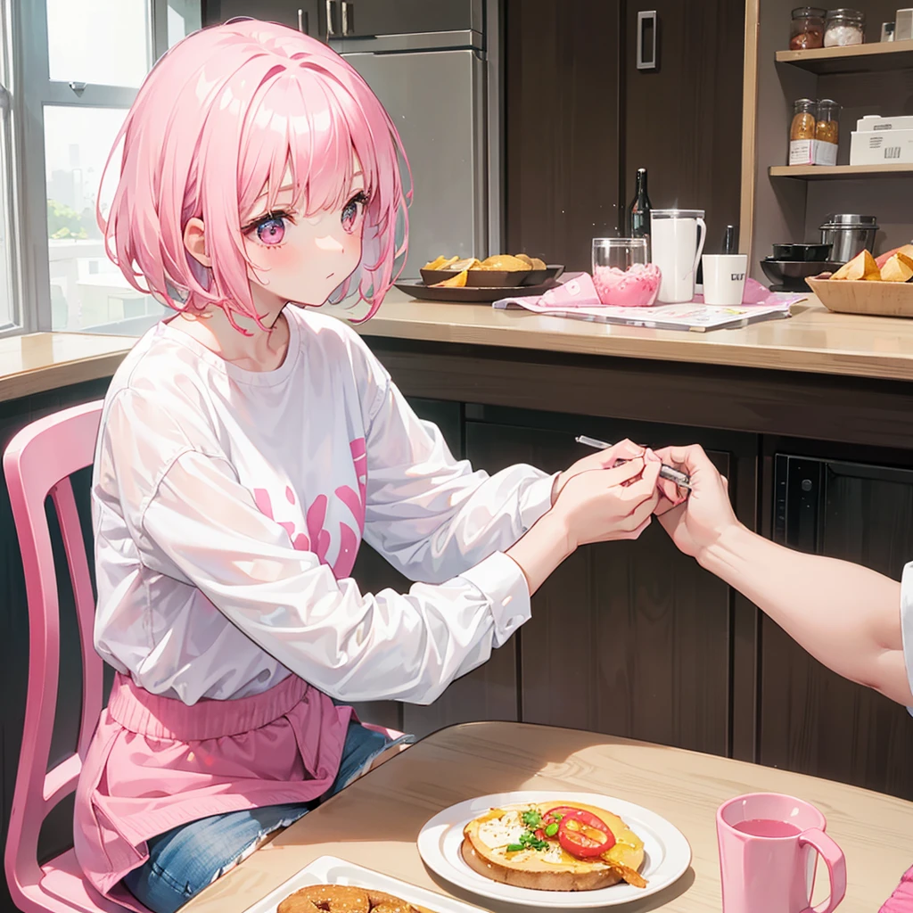 cute girl with short pink hair with bangs, wearing white shirt and pink shorts,looking away,is sitting in a chair facing a table in a kitchen,eating breakfast,using her cell phone,8k