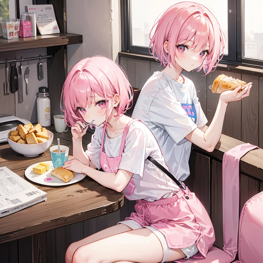cute girl with short pink hair with bangs, wearing white shirt and pink shorts,looking away,is sitting in a chair facing a table in a kitchen,eating breakfast,using her cell phone,8k