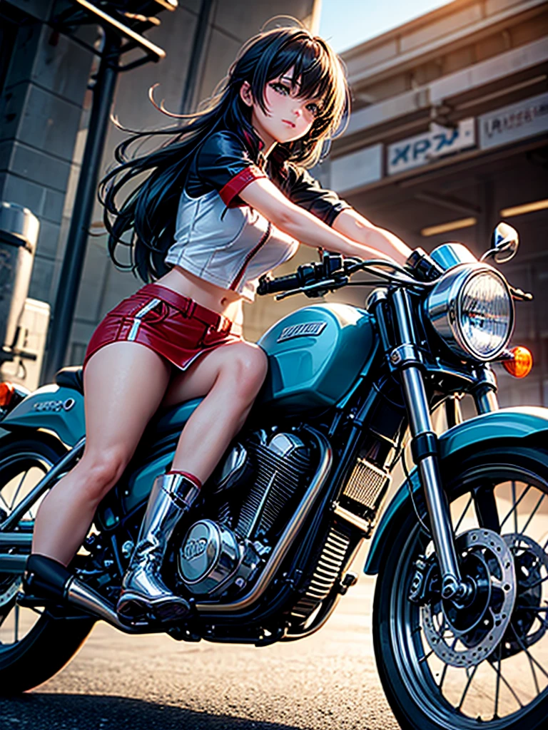 Highest quality,Highest Resolution,Beautiful girl riding a motorcycle,Near future,Mechanic,