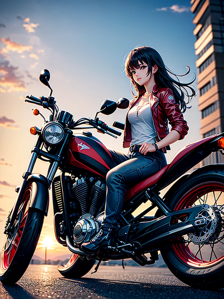 Highest quality,Highest Resolution,Beautiful girl riding a motorcycle,Near future,Mechanic,