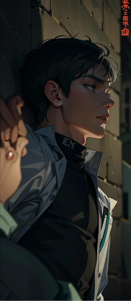 There is a boy with gray hair, gray eyes, black t-shirt under a white school clesgio shirt.