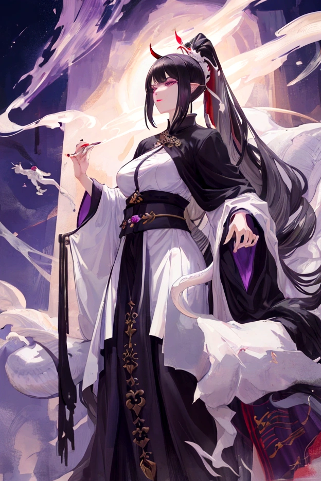 An adult tall woman, a war goddess, black hair with gray streaks, high ponytail, purple eyes, divine light, open white clothes, indifferent gaze, lipstick, dragon horns and tail, spears, reference, full height, ghost