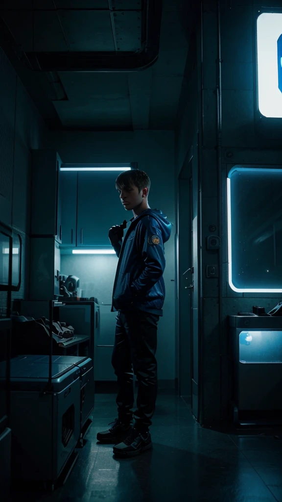 Alex, a young gamer, loved playing video games, 8k realistic imagery, blue scenery like a movie scene, home setting, inspired by blade runner movie scene, blue tone,
