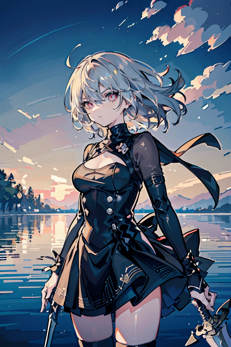 2b, Nier Automata, ((1 Girl)), (Detailed and clear face) ,Cool woman,Rough poses, Warrior,Moonlit Night, Standing on the lake, ,(Holding a long sword)Arondight, Sad expression, new, (Cowboy Shot),((Very detailed,Highest quality, High resolution, 8K壁紙, 美new服,)),((Messy Hair)), Blowing in the Wind, eye shadow, eyeliner,Glowing Eyes, reflected lightの美new目, eye shadow, eyeliner,Glowing Eyes, , Romanticism, modern art, Impressionism, reflected light, 8K, masterpiece, Advanced Details, Highest quality, Accurate anatomy, Five Fingers