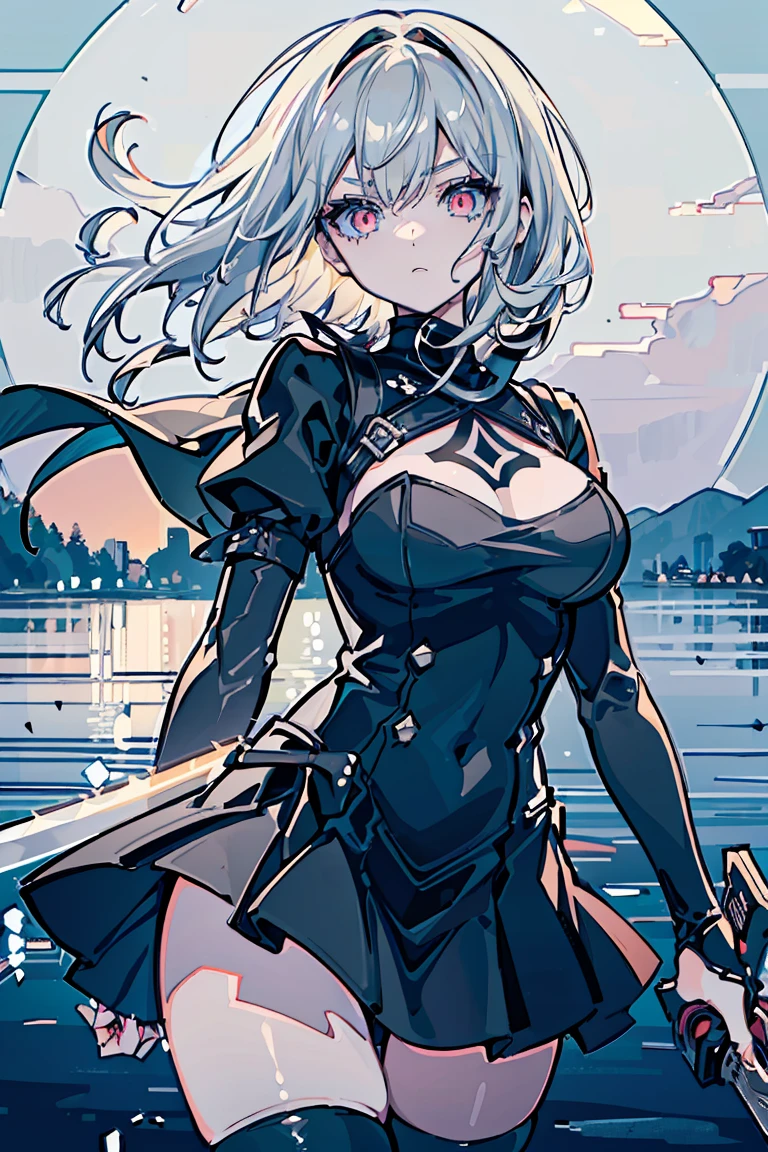 2b, Nier Automata, ((1 Girl)), (Detailed and clear face) ,Cool woman,Rough poses, Warrior,Moonlit Night, Standing on the lake, ,(Holding a long sword)Arondight, Sad expression, new, (Cowboy Shot),((Very detailed,Highest quality, High resolution, 8K壁紙, 美new服,)),((Messy Hair)), Blowing in the Wind, eye shadow, eyeliner,Glowing Eyes, reflected lightの美new目, eye shadow, eyeliner,Glowing Eyes, , Romanticism, modern art, Impressionism, reflected light, 8K, masterpiece, Advanced Details, Highest quality, Accurate anatomy, Five Fingers
