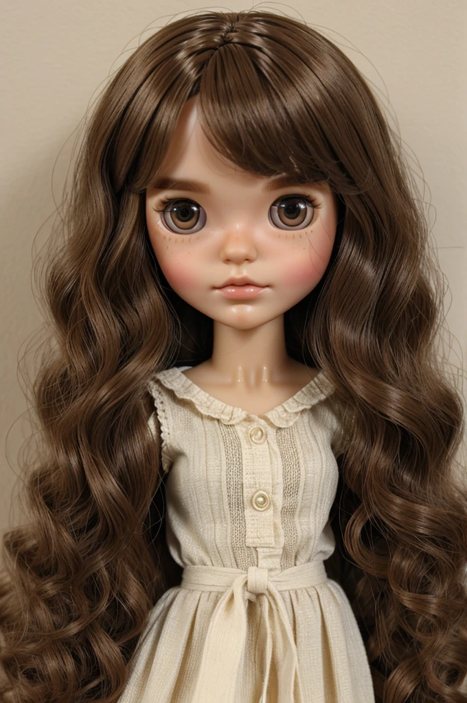 make a blythe doll with wavy hair without bangs, neutral skin and brown eyes 