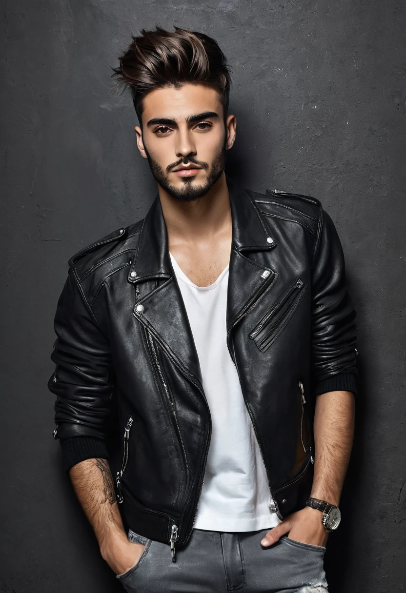 grunge brunette hairstyle man 25 years, wearing in balenciaga, ears with earrings, black wall behind him, semi-realistic photo, attractive and good looking, Portrait of a beautiful young man, beautiful male face, full body full body, black grunge hairstyles, inspired by the mariano di vaio style, inspirado en zayn malik
