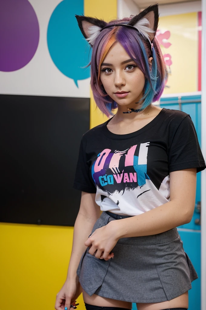 Cute YouTuber girl with colorful hair with cat ears, a shirt and a short skirt