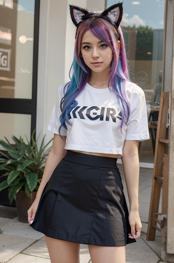 Cute YouTuber girl with colorful hair with cat ears, a shirt and a short skirt