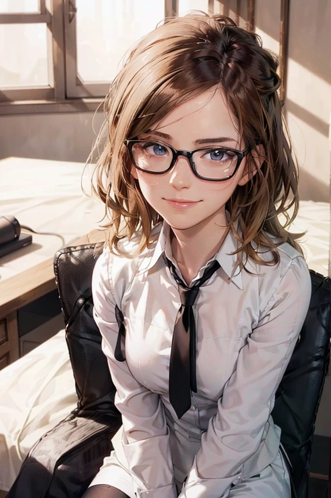 Masterpiece, 最high quality, high quality, High resolution, high quality texture, high quality shadows, High resolution, Beautiful details, Detailed CG, Detailed Texture, Realistic representation of face, Realistic, colorful, delicate, Cinematic Light, Side light, Lens flare, Ray Tracing, sharp concentrated, (1 Girl,concentrated:1.3), ( Intricate details, compensate, PureErosFaceV1:0.5), (細部まで美しいdelicateな顔, 緻密で美しいdelicateな瞳, Perfect Facial Proportions, Dense skin, Optimal ratio of four fingers to one thumb,Unified 8k wallpaper, Arms under chest, Modest chest, Wide Hips, Smooth upper abdomen, 35 years old, blue eyes, glasses, air fortress hair, blonde hair, house wife, the gaze of true love, lips of temptation, A look full of compassion ,a smile full of love, i love you, Acting lovey-dovey, I love you so much I'm crazy,
cabin attendant uniform,white blouse with open neck ,tight fitting black skirt,black stockings, excellent secretary ,working as a secretary, wooden desk, wooden chair,