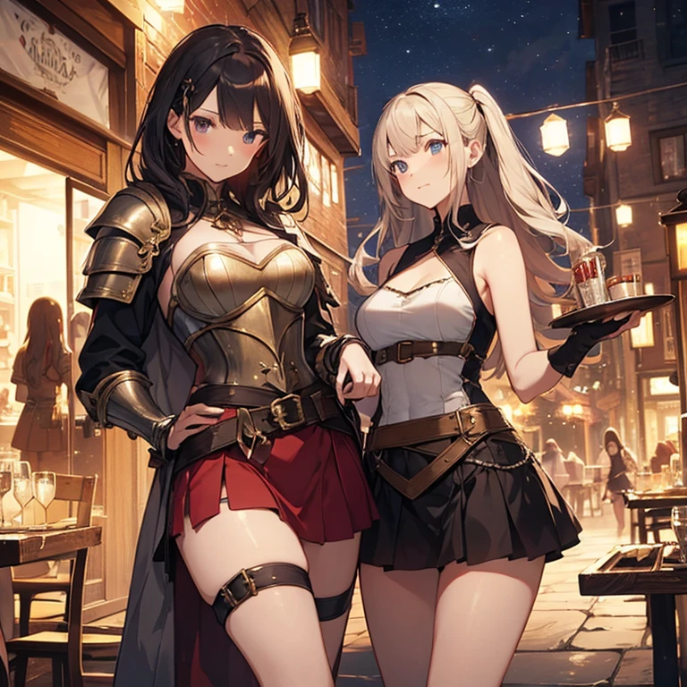 A group of  female medieval fantasy adventurers, (in tavern), various hair styles, harem, night, details face, short skirt, seducing, sleeveless, armor 