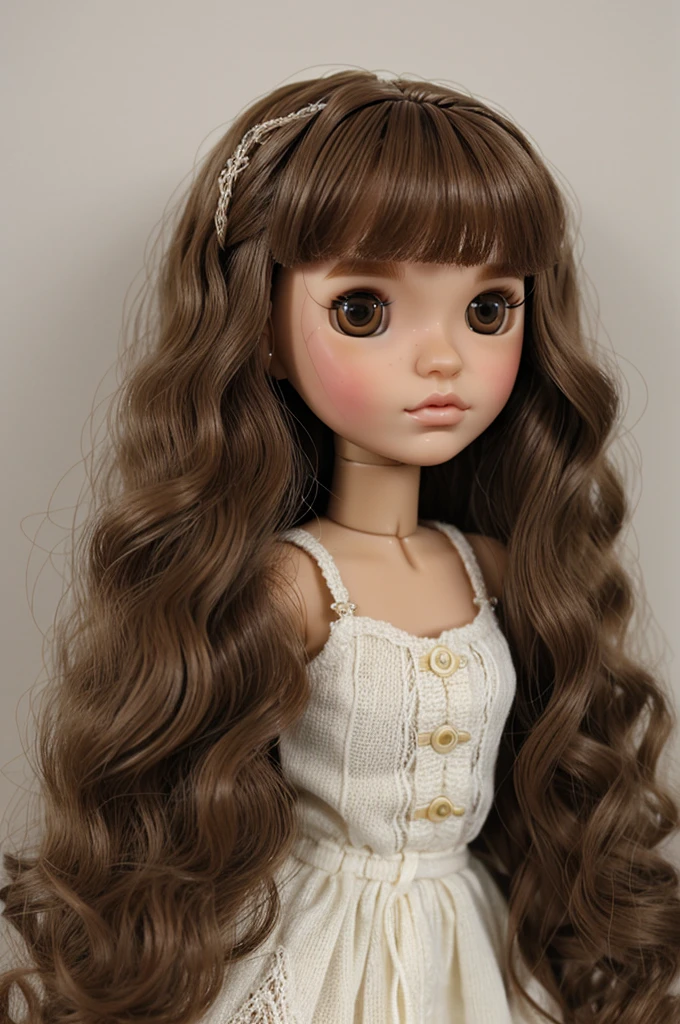 make a blythe doll with wavy hair without bangs, neutral skin and brown eyes