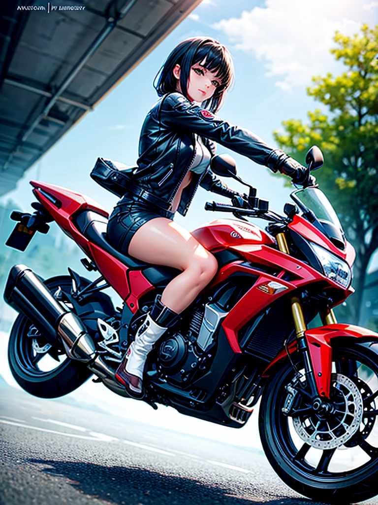 Highest quality,Highest Resolution,Beautiful girl riding a motorcycle,Near future,Mechanic,
