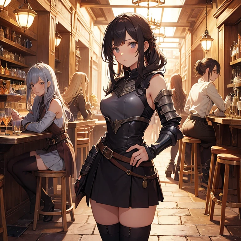 A group of female medieval fantasy adventurers, (in tavern), various hair styles, harem, night, details face, short skirt, seducing, sleeveless, armor