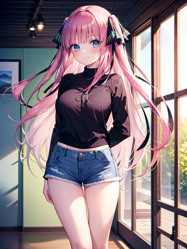 (8K, Highest quality, Highest quality, masterpiece), nn1, 1girl, hair ribbon, long hair, smile, denim hot shorts, mini shorts, big breasts