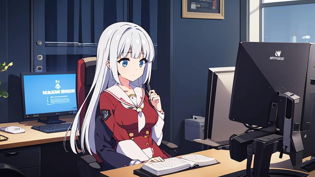 1 beautiful girl, great image quality with lots of detail, ray tracing, in a navy sailor , long stockings, blue eyes, white hair, , in a neon room, PC gaming, perfect anatomy,