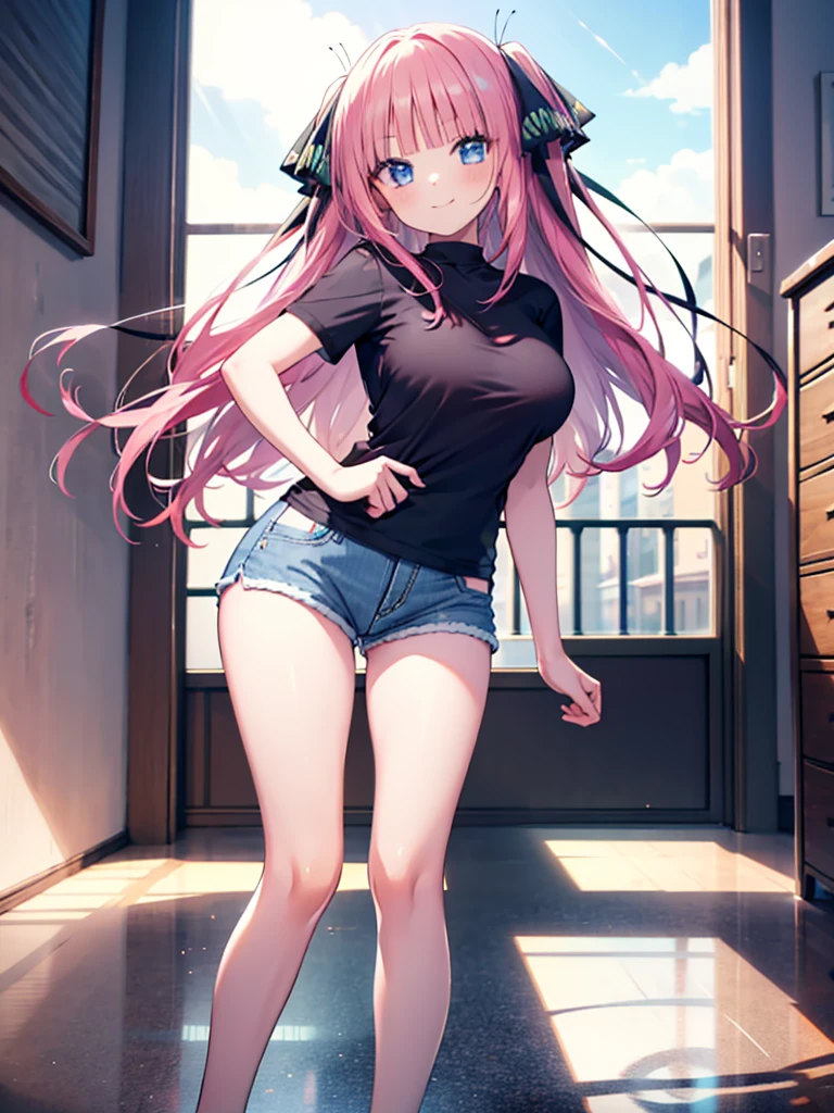 (8K, Highest quality, Highest quality, masterpiece), nn11girl, hair ribbon, long hair, smile, denim hot shorts, mini shorts, big breasts