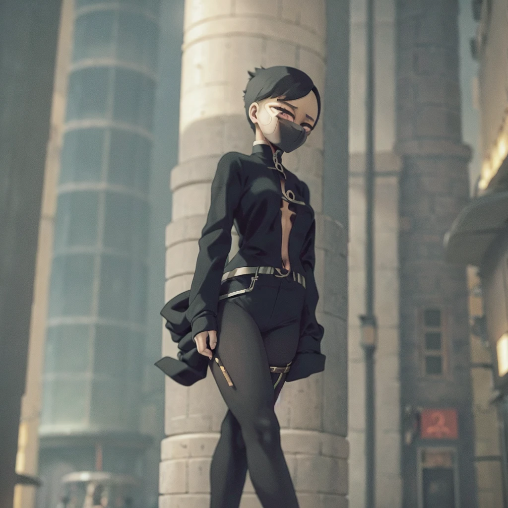 A girl, obito uchiha: short black hair, hands in pockets, cyberpunk style clothes, gazing at viewer. work of art, アニメ, realisitic, a futuristic city in the background and some people passing by.