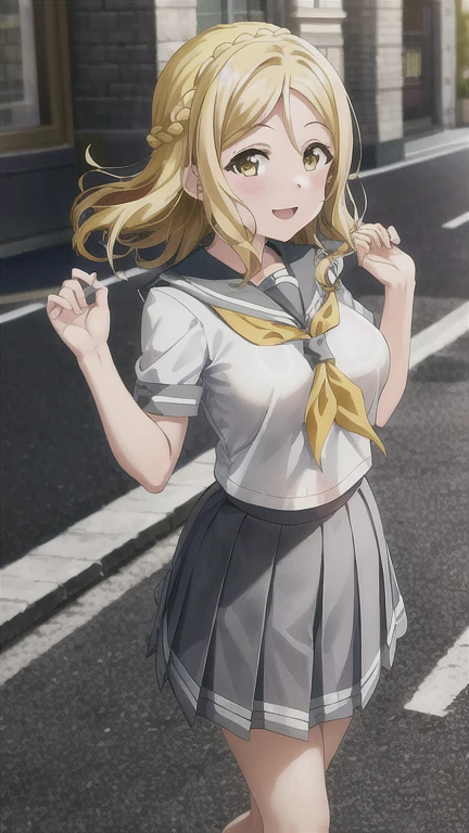 masterpiece, best quality, (1girl:1.2), solo, medium breasts, ohara mari, hair rings, blonde hair, yellow eyes, crown braid, medium hair, uranohoshi , , short sleeves, pleated skirt, white serafuku, neckerchief, grey skirt, grey sailor collar, tie clip, green neckerchief, street, city, happy  