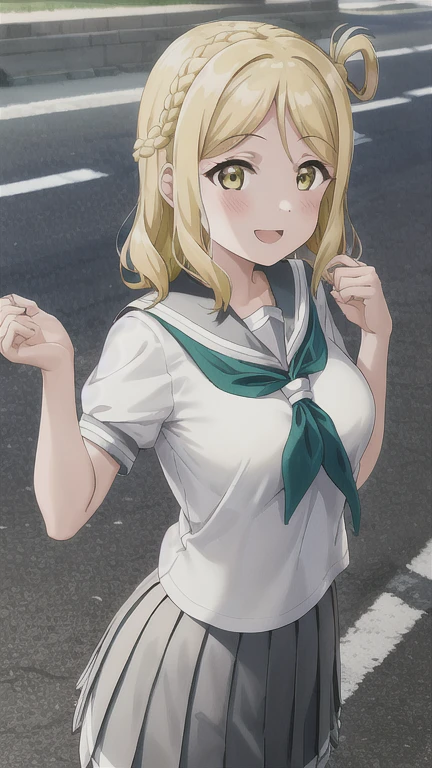 masterpiece, best quality, (1girl:1.2), solo, medium breasts, ohara mari, hair rings, blonde hair, yellow eyes, crown braid, medium hair, uranohoshi , , short sleeves, pleated skirt, white serafuku, neckerchief, grey skirt, grey sailor collar, tie clip, green neckerchief, street, city, happy  