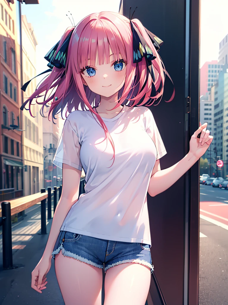 (8K, Highest quality, Highest quality, masterpiece), nn11girl, hair ribbon, long hair, smile, denim hot shorts, mini shorts, big breasts