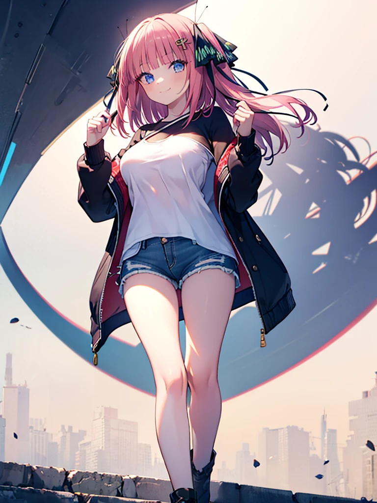 (8K, Highest quality, Highest quality, masterpiece), nn11girl, hair ribbon, long hair, smile, denim hot shorts, mini shorts, big breasts