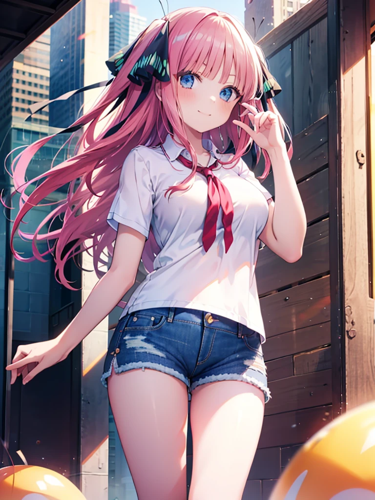 (8K, Highest quality, Highest quality, masterpiece), nn11girl, hair ribbon, long hair, smile, denim hot shorts, mini shorts, big breasts