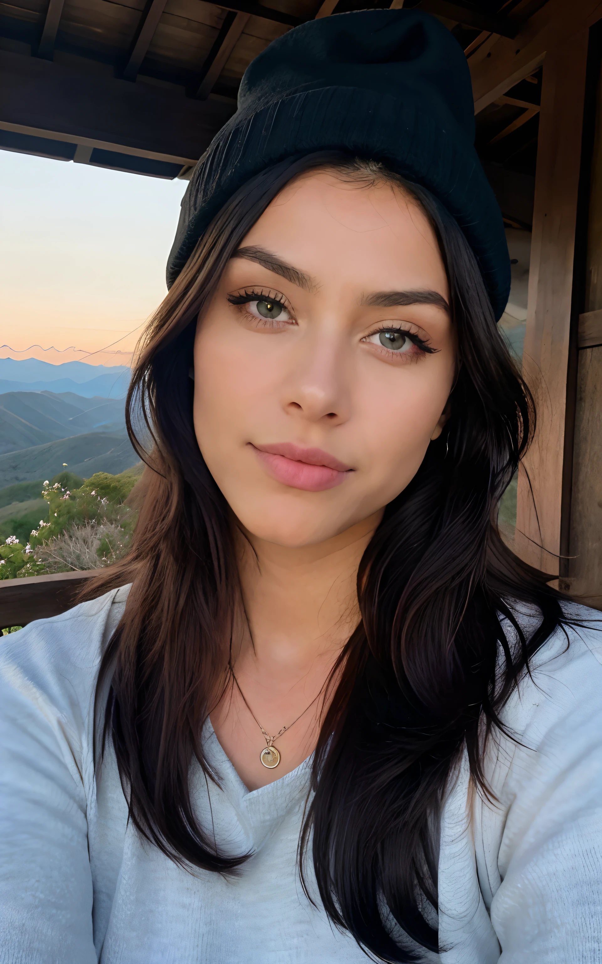 photorrealistic, the best quality, hyper detailled, Beautiful woman, Photo the selfie, upperbody, just, Use of shirt, plein-air, (natta), mountainscape, real life nature, stele, Policerman, (happy, glad), sleeping bag, mitts, park, bonnet, latern, forst, rocks, ilm, Wood, fumo, served, Clear sky, analog style, gazing at viewer, texture skin, Film grain, Close up, ultra-high resolution, best shade, .cru, instagram LUT, blue colored eyes, pallor, hey goth, Bblack hair