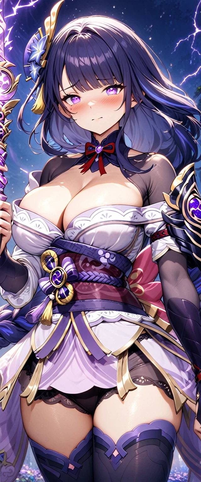 (masterpiece), best quality, expressive eyes, perfect face,1girl,raiden shogun,genshin impact,japanese garden,lightning in the air,(purple magic wand),holding,holding wand,shy smile,blush,cowboy shot,glowing eyes,big breasts,cleavage,bare shoulder,(magical girl:1.6),(strapless dress),(showgirl skirt),thighhigh stockings,studio lighting,(sparkle:0.9),(glitter:0.9)