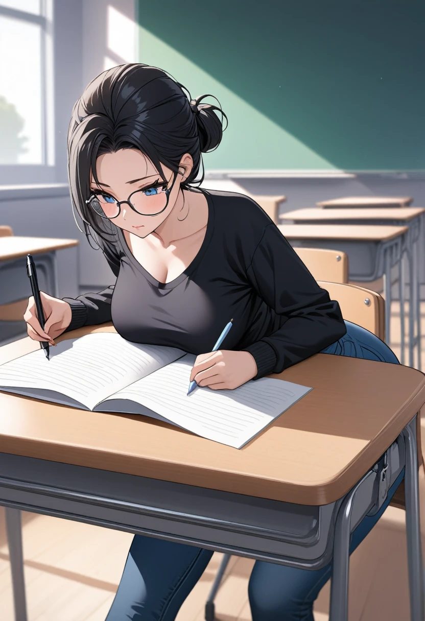 Adult female, highly detailed, glasses, short and messy black hair tied back, blue eyes with black pupils, focused, college classroom, black cardigan, jeans, perfect eyes, expressive eyes, high quality, best quality, walking, busty, sitting as desk, writing, extremely focused