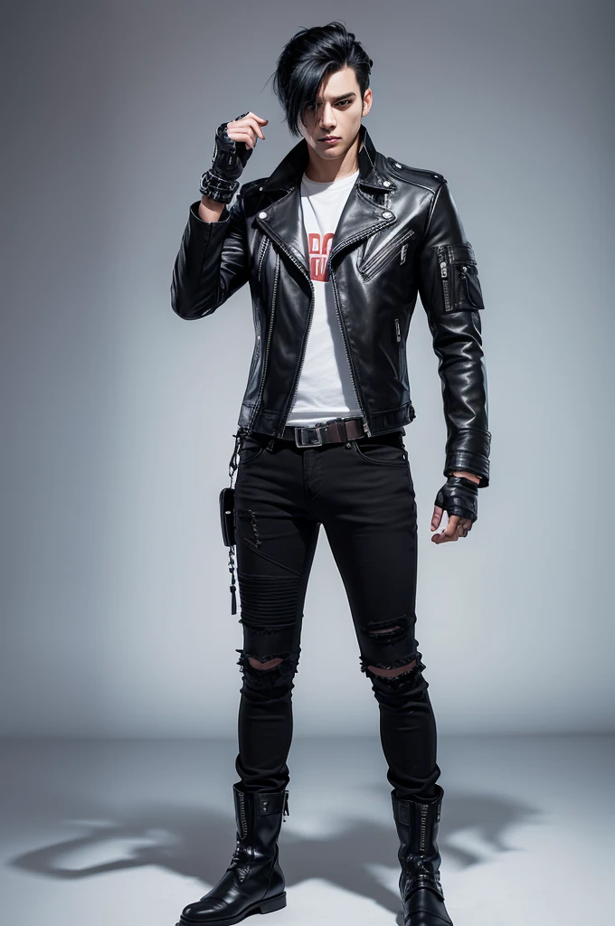 1 man, american cut black hair, cybernetic eye, jacket, fingerless gloves, jeans, leather boots, Full body, white background