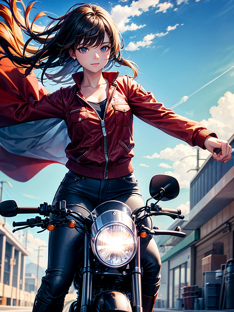 Highest quality,Highest Resolution,Beautiful girl riding a motorcycle,Near future,Mechanic,