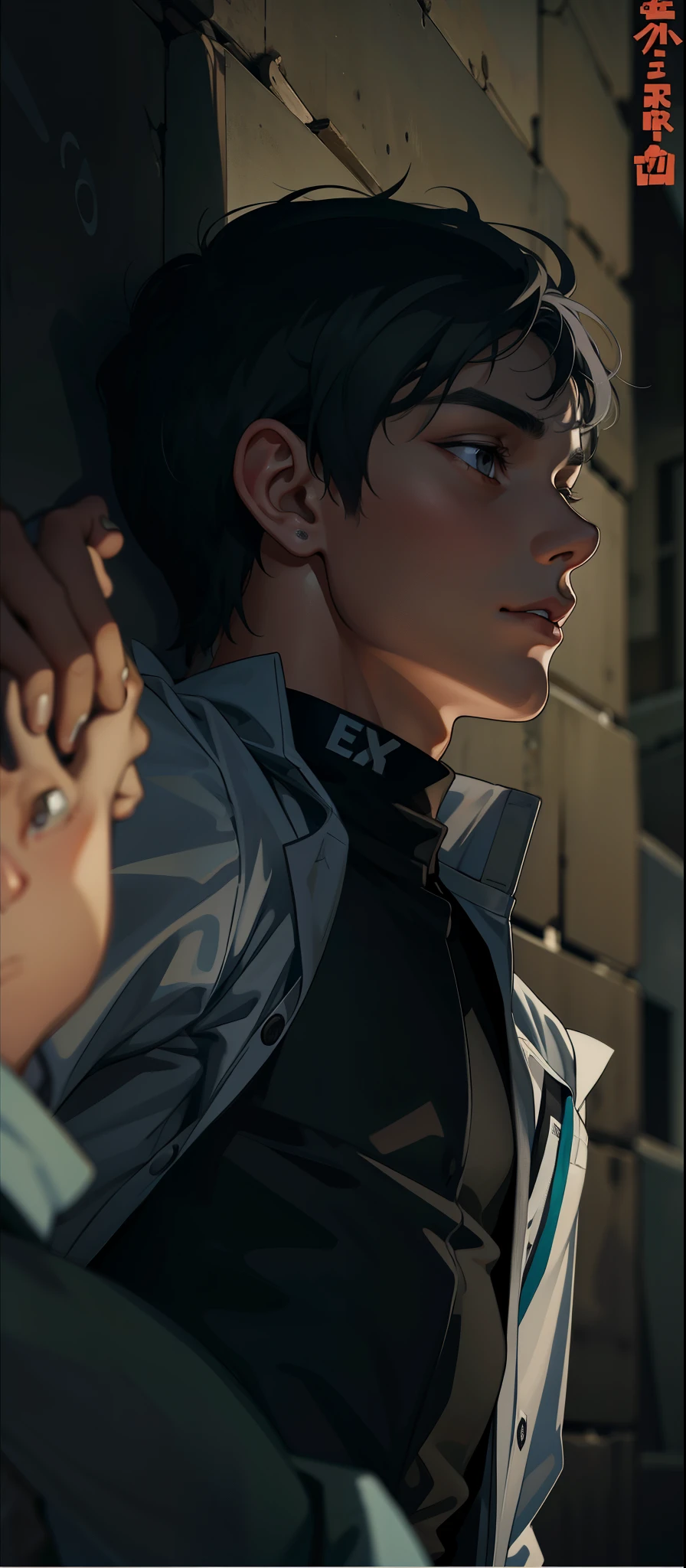 There is a boy with gray hair, gray eyes, black t-shirt under a white school clesgio shirt.