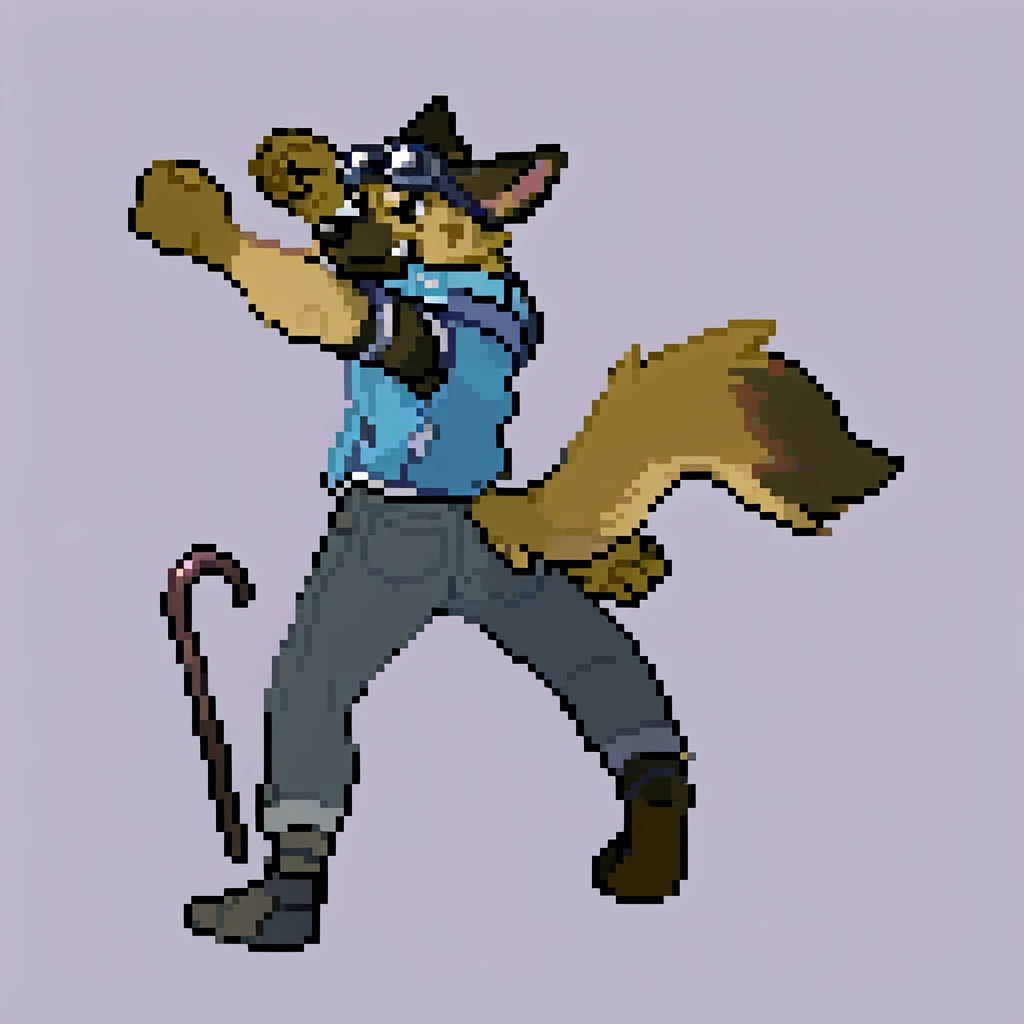 canid, canine, canis, mammal, mythological_canine, were, werecanid, werecanine, german_shepherd, brown_black_fur, brown_black_body, black_nose, large_brown_backpack, blue_vest, black_jacket, pilot_goggles, pokéball_keychain, left_fist_in_air, dark_jeans, metal_walking_cane, male, fingers, fluffy, fluffy_tail, fur, thin_anthro, full_body, solo, digital_media_(artwork), hi_res, masterpiece,