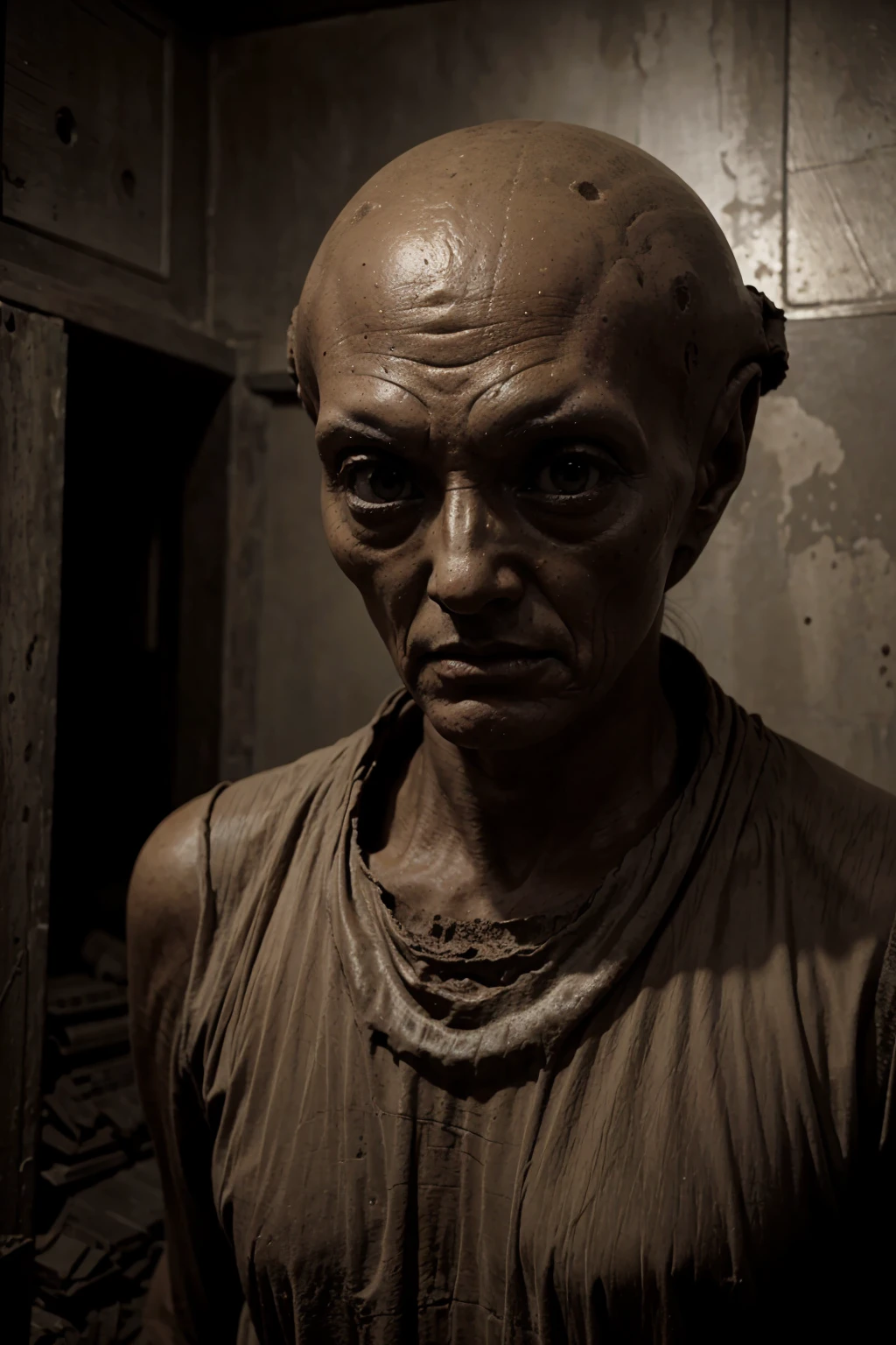 Amateur photo of an alien, sepia mode, old, ancient, scary