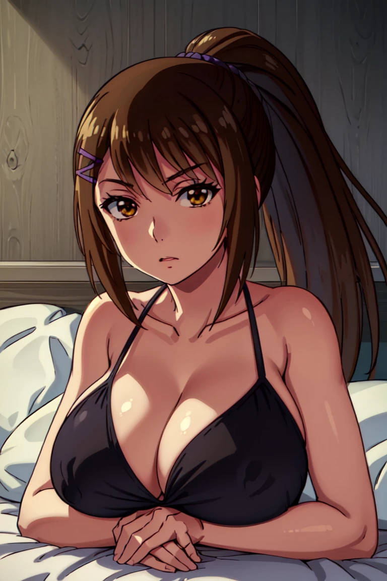 solo , big breasts ,busty , highest quality, masterpiece, High resolution, 1 girl, sae chabashira, (30 year old adult woman:1.5),long hair, (black髪:1.5), hair ornaments, (brown eyes:1.5), ponytail, hair clip, clavicle,black bikini , lying on bed