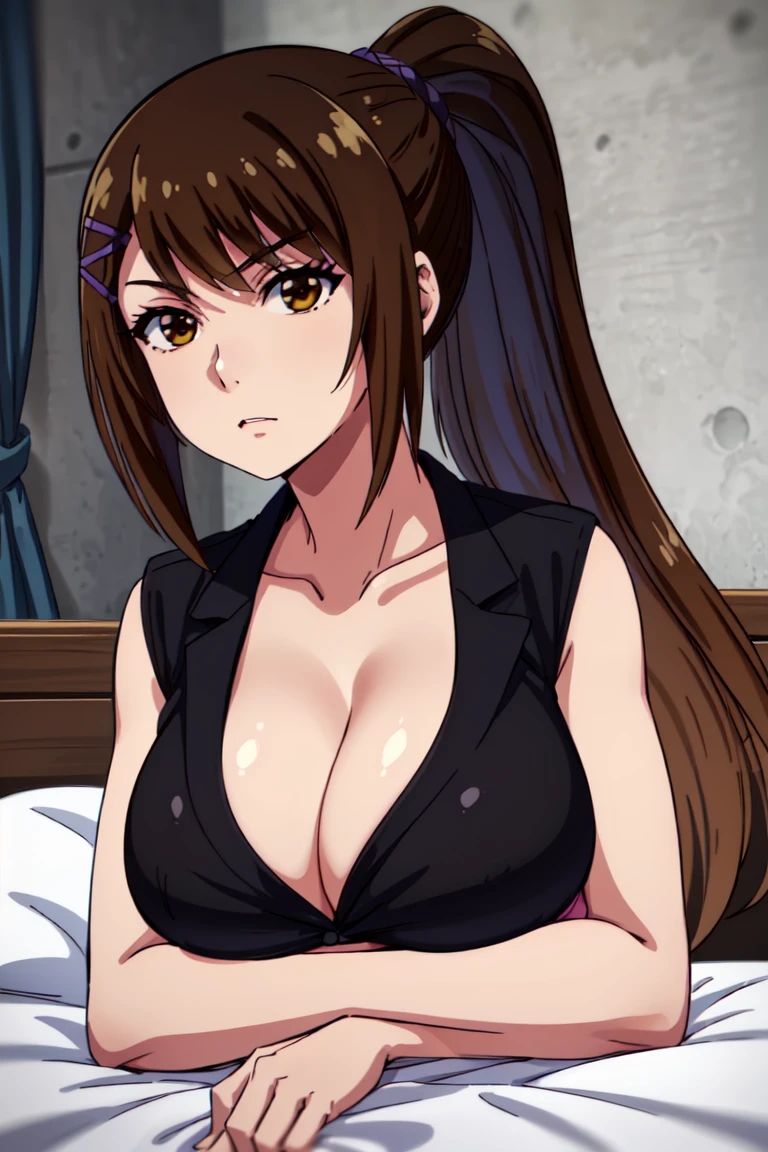 solo , big breasts ,busty , highest quality, masterpiece, High resolution, 1 girl, sae chabashira, (30 year old adult woman:1.5),long hair, (black髪:1.5), hair ornaments, (brown eyes:1.5), ponytail, hair clip, clavicle,black bikini , lying on bed