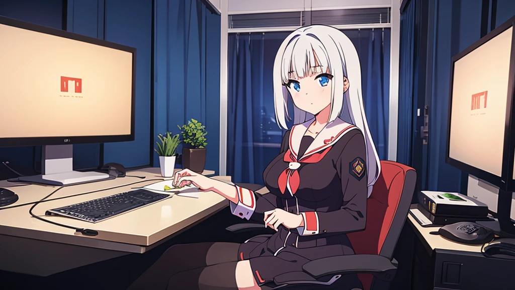 1 beautiful girl, great image quality with lots of detail, ray tracing, in a navy sailor , long stockings, blue eyes, white hair, , in a neon room, PC gaming, perfect anatomy,