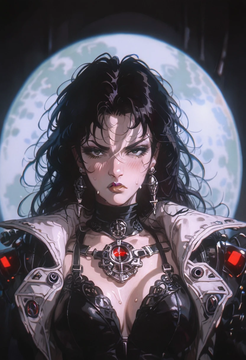 score_9, score_8_up, score_7_up, ((gothic vampire woman piloting in gothic spacecraft)), vampiric cockpit, (from below), front view, (120 fov), (iridescent bodysuit), lace accessories, ((pilot seat)), (((lying back) pose)), mature female, ((elegant)), (((serious tone))), futuristic, [blushing], sweat, ((claustrophobic)), pilot helmet, ((hands on controls)), dramatic red lighting, shadow