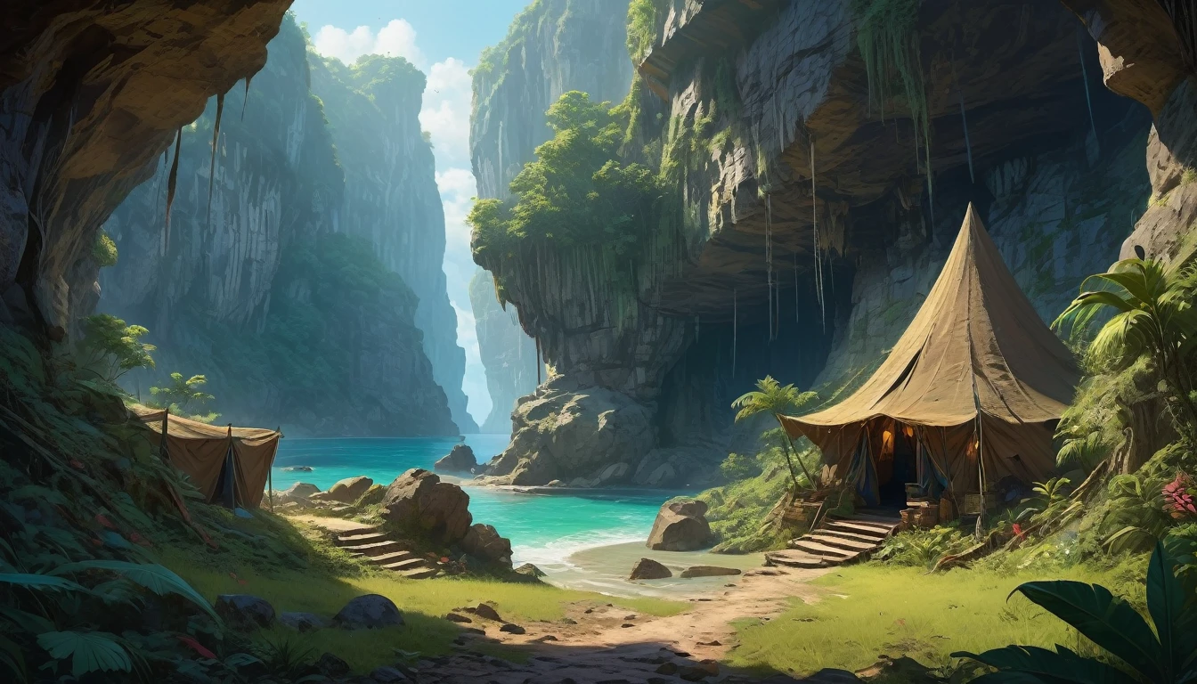 (by Greg Rutkowski: 1.2), (masterpiece), (best quality) neutral campsite under the cliff with trees close shot, deep jungle area, neutral camp, cliff, close render, extremely delicate and beautiful, illustration, vibrant colors, (fantasy landscape), A mesmerizing fantasy with enchanting elements blending seamlessly. (an entrance to a monster liar, rocky cave, haunting atmosphere, mysterious, dark hue, bones scattered)
