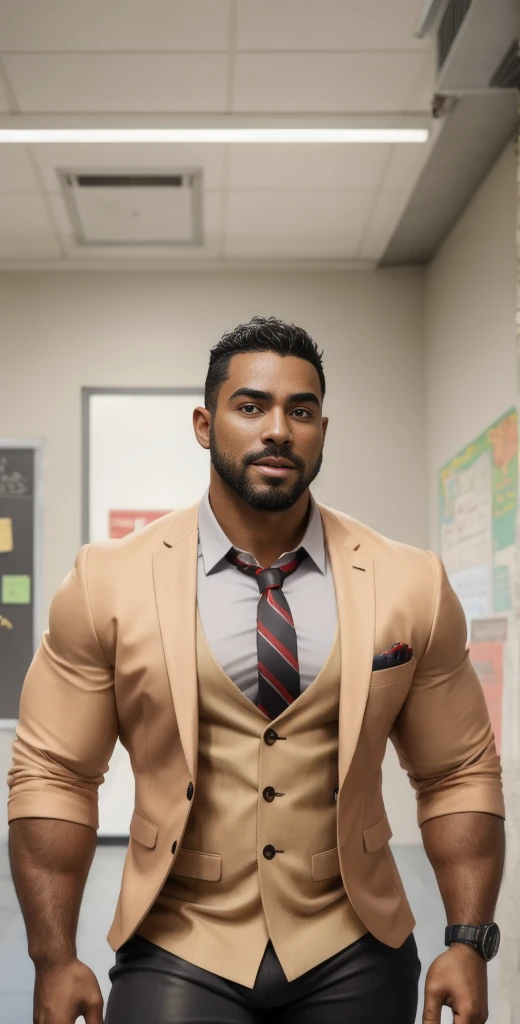 1boy, European, solo, facial hair,34 yrs old, dom, male focus, bara, muscular, mature male, muscular male, beard, short hair, thick eyebrows, brown-skinned male, thighs, fancy suit, dark skin, tie, tight black t-shirt, tight pants, open red jacket, tie, cybernetic uniform, teacher suit, cowboy shot, teacher uniform, feet out of frame, thick thighs, looking at viewer, masterpiece, 4k, high quality, highres, absurdres,