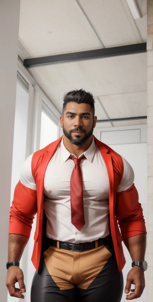 1boy, European, solo, facial hair,34 yrs old, dom, male focus, bara, muscular, mature male, muscular male, beard, short hair, thick eyebrows, brown-skinned male, thighs, fancy suit, dark skin, tie, tight black t-shirt, tight pants, open red jacket, tie, cybernetic uniform, teacher suit, cowboy shot, teacher uniform, feet out of frame, thick thighs, looking at viewer, masterpiece, 4k, high quality, highres, absurdres,