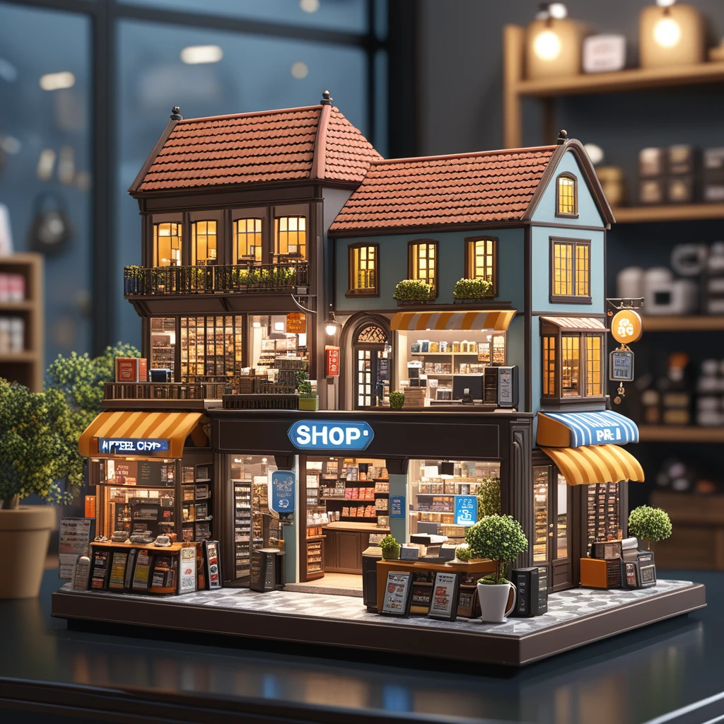 There is a miniature model of a pc shop，Highly detailed visual espresso, stylized 3d render, hyper detailed 3d render, hyper detailed 3d render, 3 d stylize scene, hyper detailed scene, 3 d render stylized, highly detailed scenario, highly detailed 3d render, highly detailed 3d render, miniature pc shop