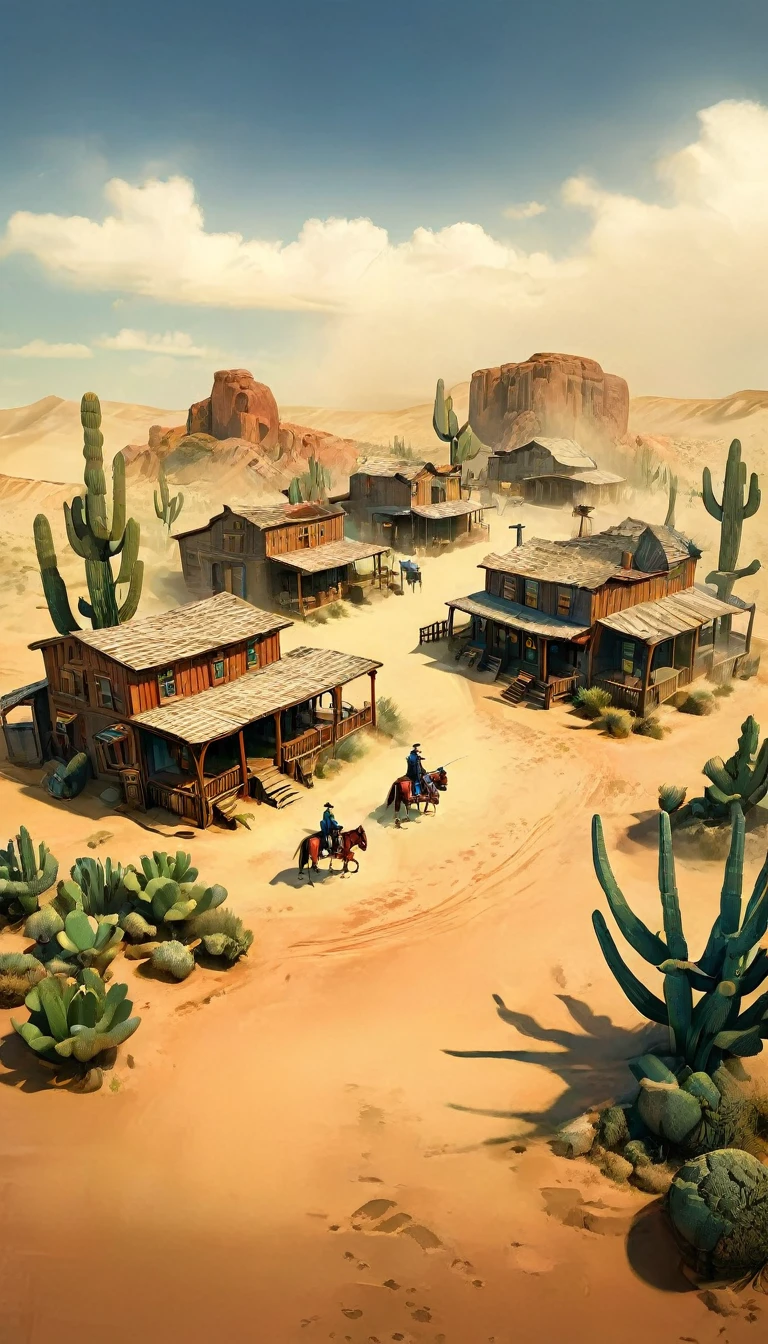 a detailed illustration of a town in the wild west, 1 cowboy, desert landscape, adobe buildings, dirt roads, wooden saloon, horses, cacti, blue sky, warm lighting, highly detailed, photorealistic, 8k, masterpiece, concept art