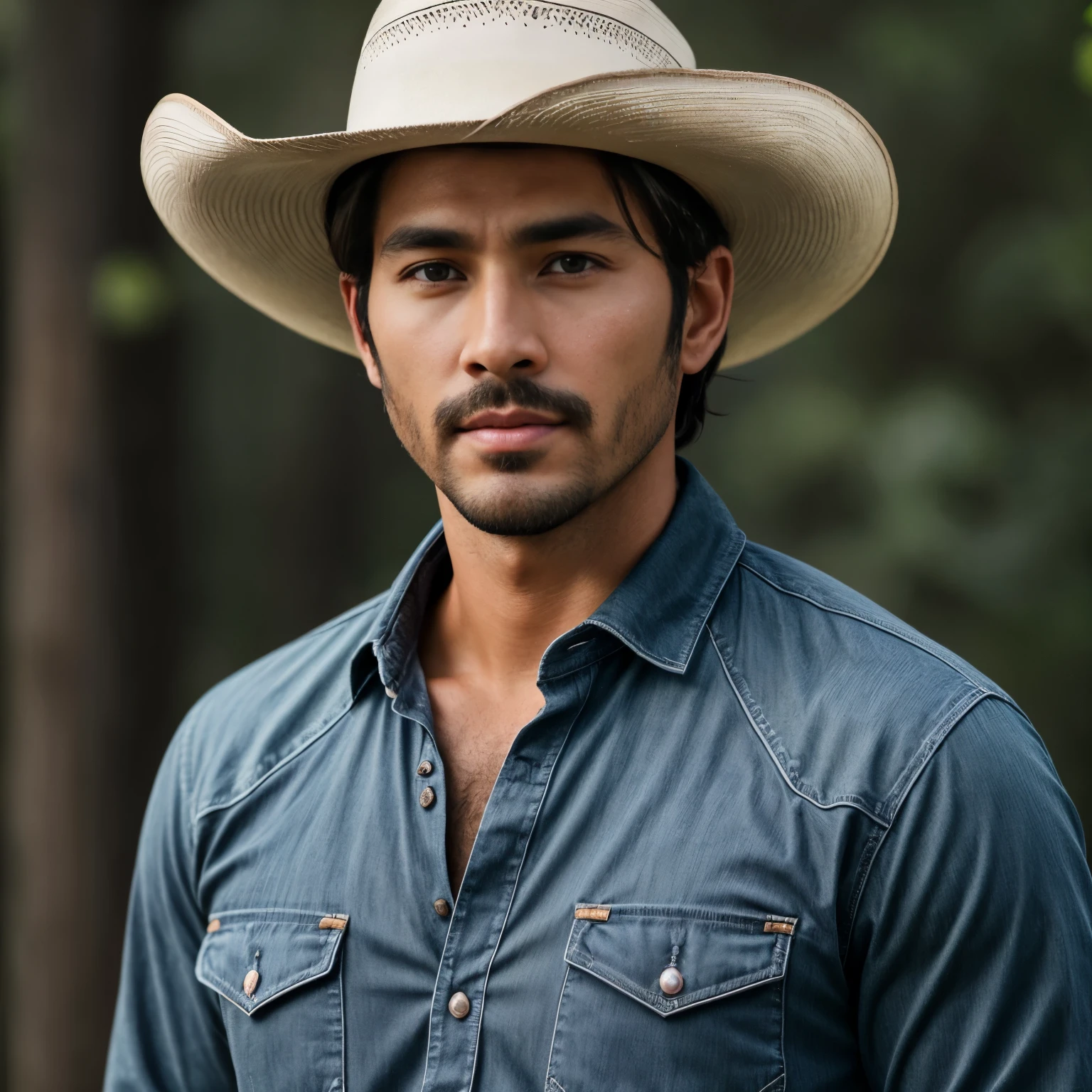 man,hero,32 years old,Wear a hunting shirt,Wearing a cowboy hat.,full body view, Special handsome face, Front focus on the camera, short beard, black hair ((tan skin)), ((pearl skin)), (((full body))), Olsen01, portrait of ((Remarkably charming)) man ((perfect male face)), complicated, 8k, Highly detailed, (Very detailed CG unity 8k wallpaper.), ((square jaw)), (well defined jaw), (depressed lips), (anatomy details),(((full body))