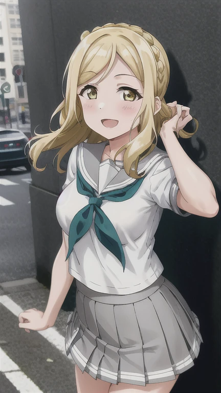 masterpiece, best quality, (1girl:1.2), solo, medium breasts, ohara mari, hair rings, blonde hair, yellow eyes, crown braid, medium hair, uranohoshi , , short sleeves, pleated skirt, white serafuku, neckerchief, grey skirt, grey sailor collar, tie clip, green neckerchief, street, city, happy  