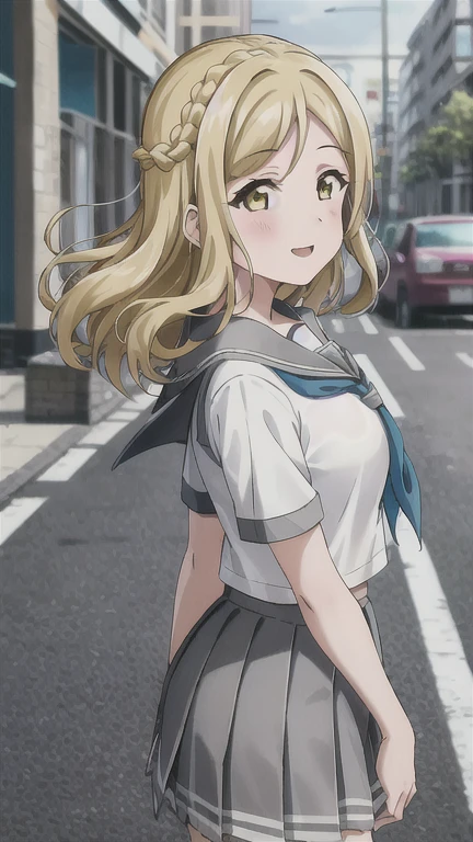 masterpiece, best quality, (1girl:1.2), solo, medium breasts, ohara mari, hair rings, blonde hair, yellow eyes, crown braid, medium hair, uranohoshi , , short sleeves, pleated skirt, white serafuku, neckerchief, grey skirt, grey sailor collar, tie clip, green neckerchief, street, city, happy  