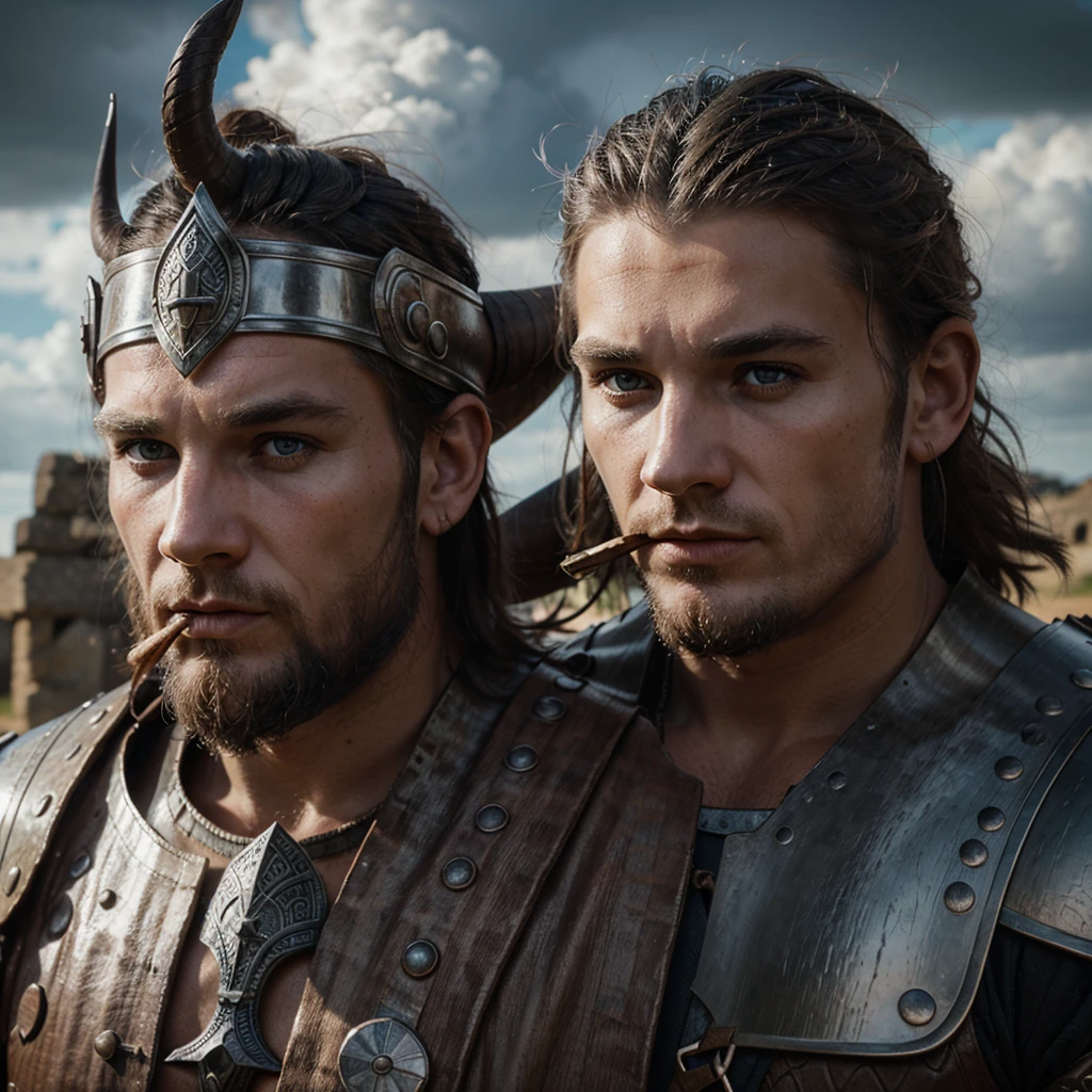 a viking blowing a horn,viking,horn,detailed face,detailed eyes,detailed nose,detailed lips,muscular man,helmet,medieval armor,ancient ruins,cloudy sky,dramatic lighting,fantasy,epic,cinematic