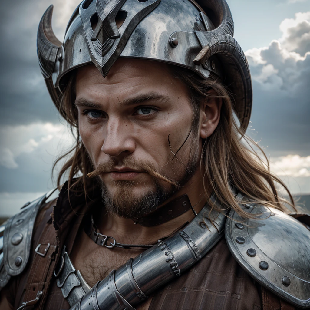 a viking blowing a horn,viking,horn,detailed face,detailed eyes,detailed nose,detailed lips,muscular man,helmet,medieval armor,ancient ruins,cloudy sky,dramatic lighting,fantasy,epic,cinematic